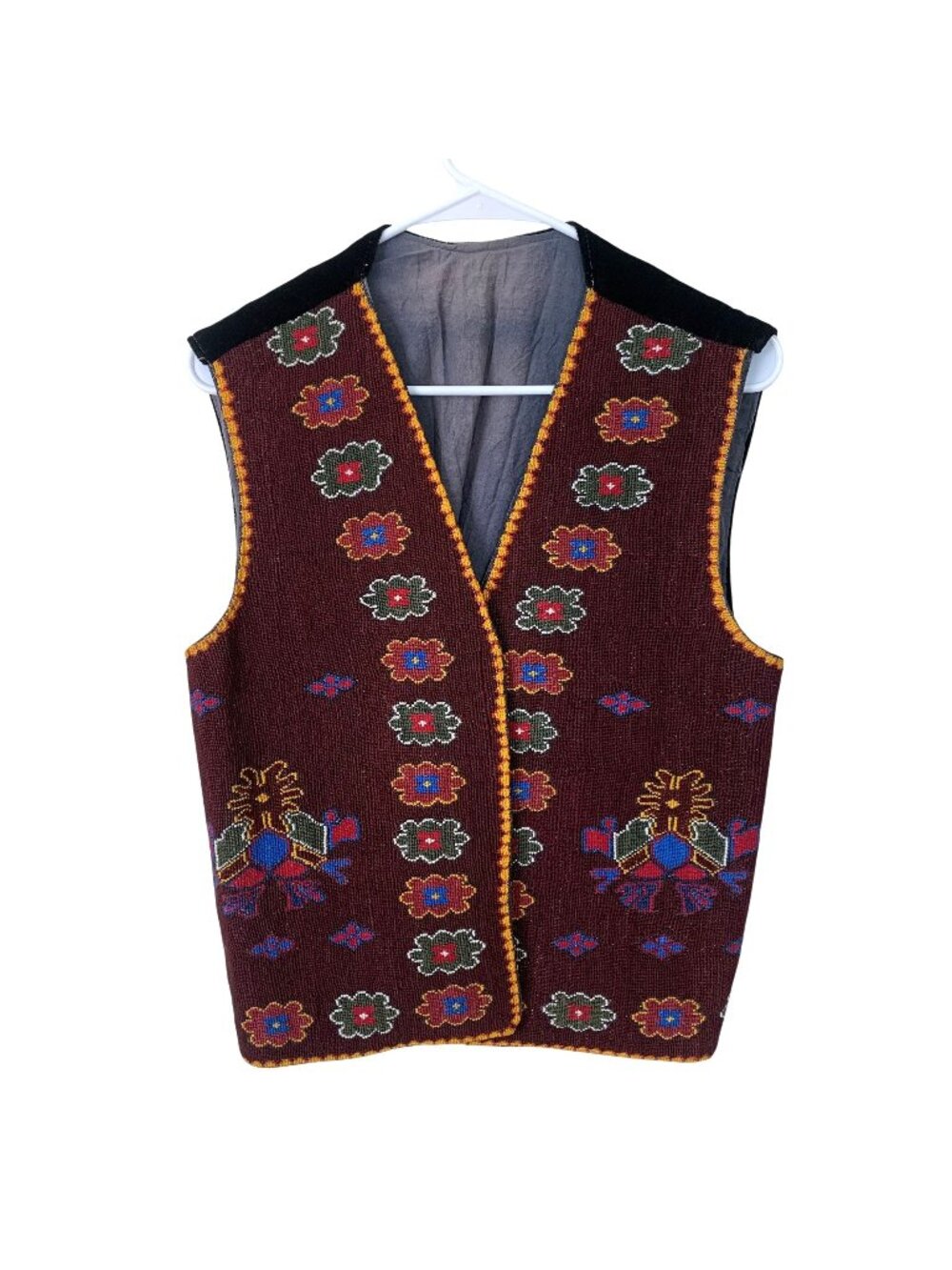 Vtg Unisex Handmade Woven Vest Thunderbird Pattern Maroon Unique Native
